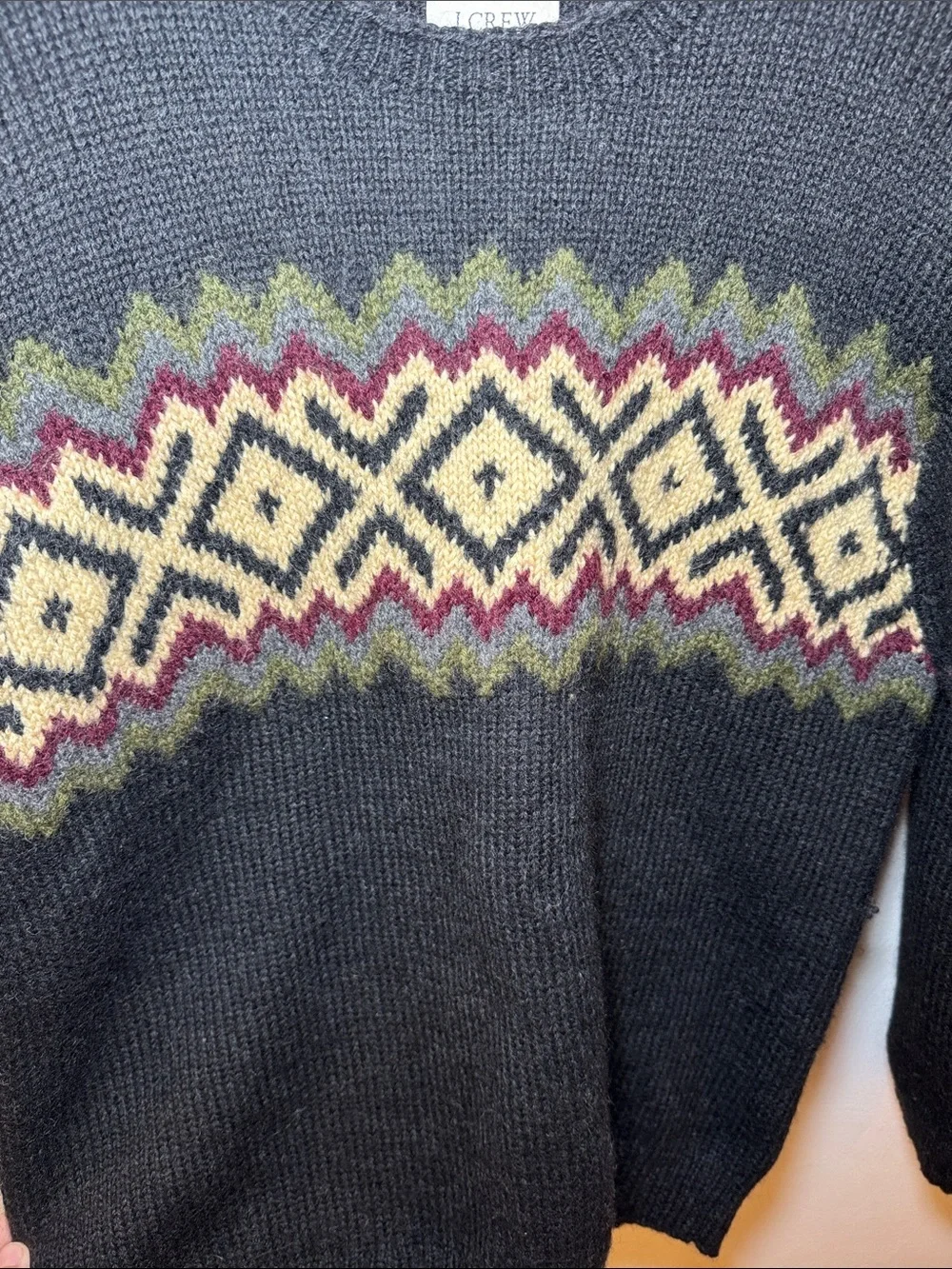 J. Crew vintage Black Fair Isle Wool Hand Knit Crewneck Sweater size M